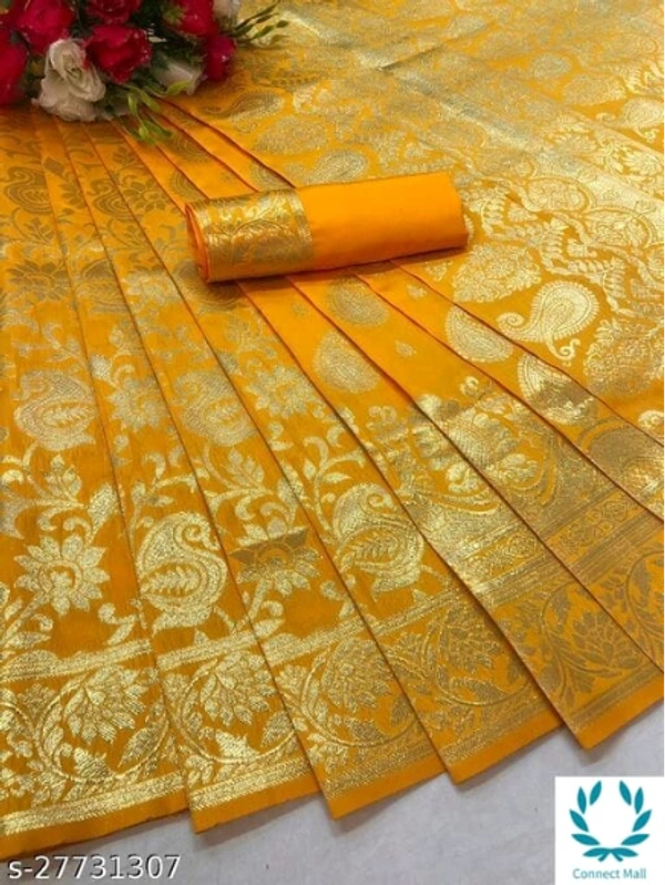 BEAUTIFUL RICH PALLU & JACQUARD ZARI WORK BANARSI SAREE - Saree Length Size:5.5m Blouse Length Size:0.8m, Yellow, Saree And Blouse Fabric: Banarsi Silk, Pack of:1